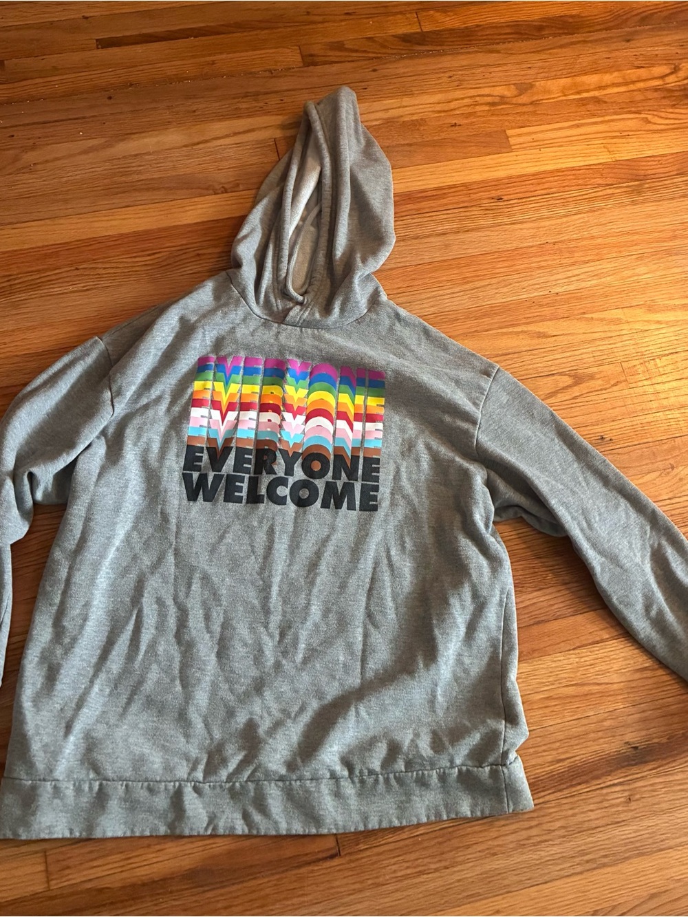 Target large mens Gray Hoodie Sweatshirt with "Everyone Welcome" Rainbow Graphic